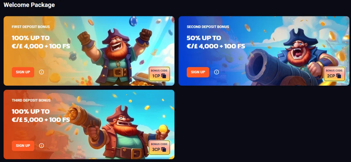 Crash Pirate casino welcome package showing first second and third deposit bonuses with bonus codes